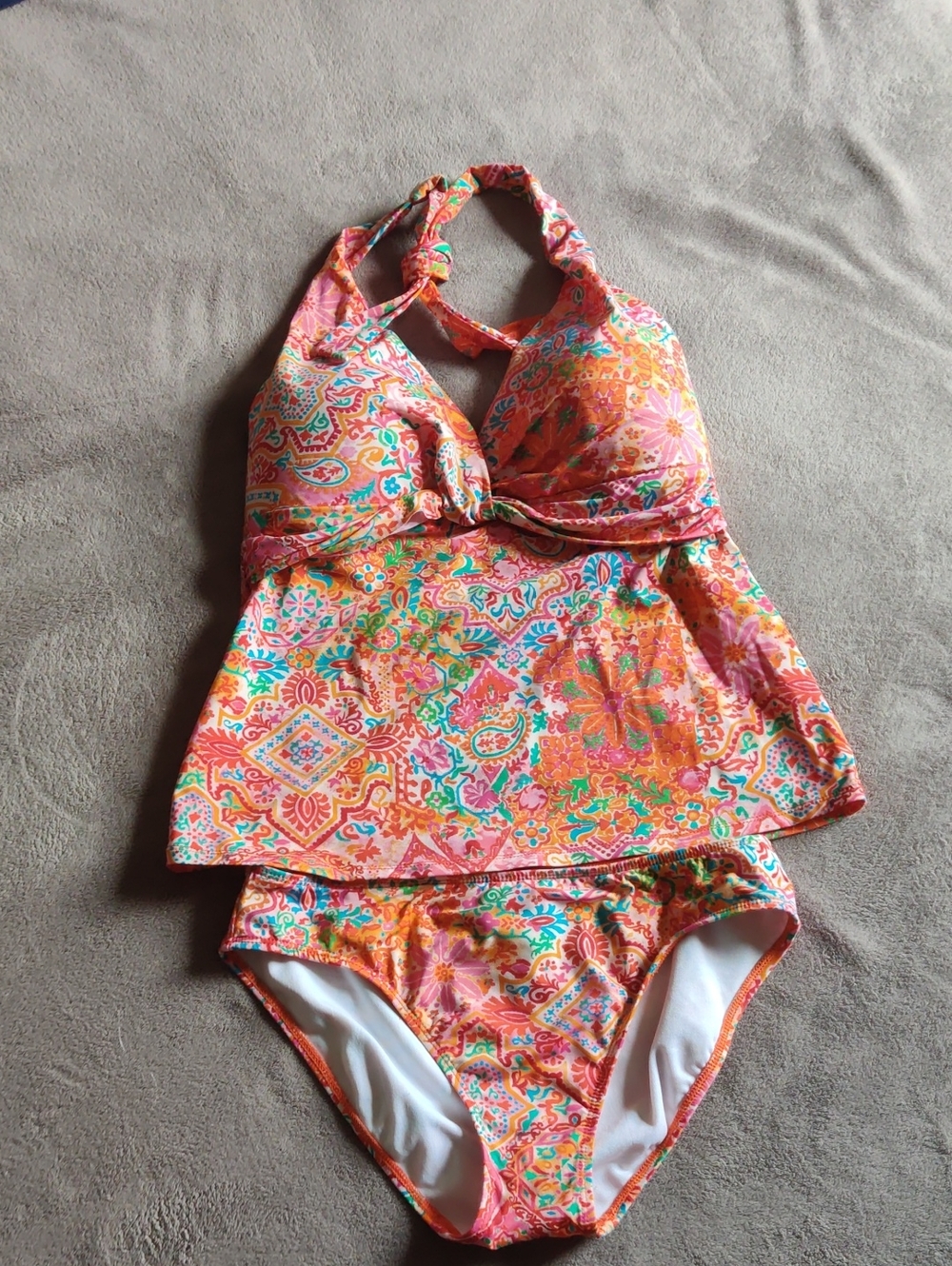 Lauren Ralph Lauren Tankini Set Sz 8 Orange Pink Paisley Floral Twist Swim, EUC